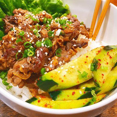 Korean Beef Bulgogi, Steamed Rice, Cucumber Kimchi Salad