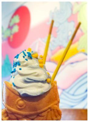 Taiyaki Icecream- Blueberry and Vanilla swirl in a fresh honey waffle fish cone