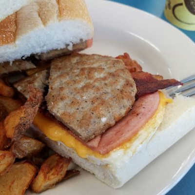 Shack attack: sausage, bacon, pork roll, egg, and cheese.