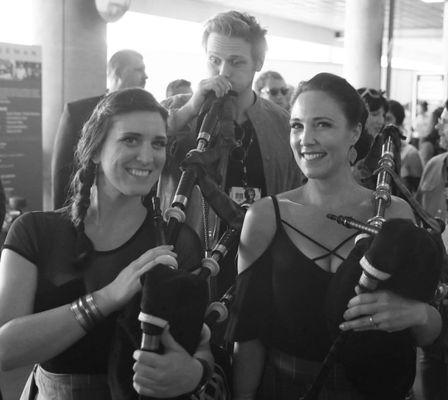 Sam Heughan from the show "Outlander" enjoying the Bagpipes