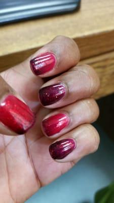 Mood Gel Manicure. This is really cool. Color changes to temperature.  If l'm warm its red. If l'm cold it's purple.