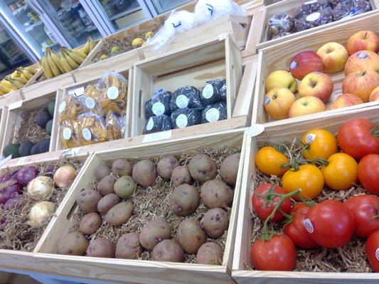 Fresh produce in our fridge, and root veggies and dried fruit  readily available.