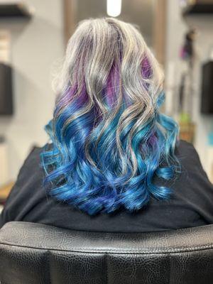 Purple Teal Blue Ombré w her Natural Haircolor on Top