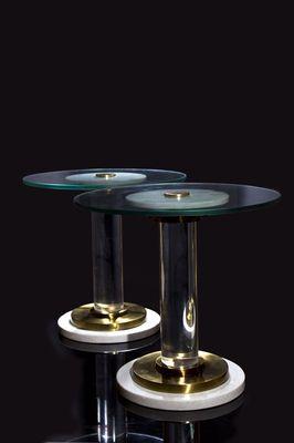 Hollywood Regency Brass, Glass and Marble End Tables - a Pair