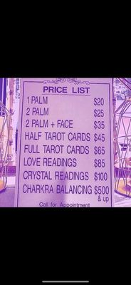 Price list for all readings