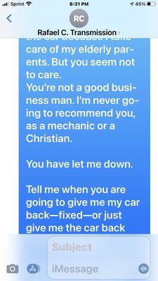 Text message between me and the business.