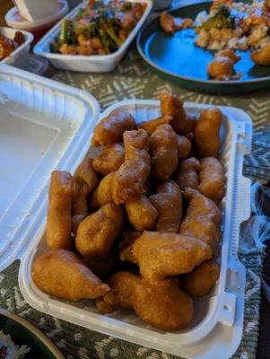 Sweet and sour chicken. Chicken and broccoli in the back