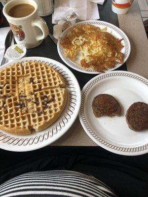 Pecan waffles, hash browns and sausage!