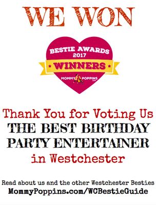 JOJO WAS VOTED BEST BIRTHDAY PARTY ENTERTAINER IN WESTCHESTER COUNTY BY MOMMYPOPPINS!!