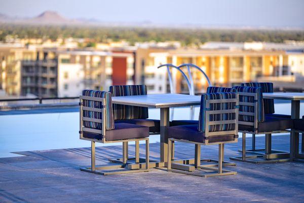 Taylor Bar Stools around Star Base Tables on the Optima Kierland rooftop