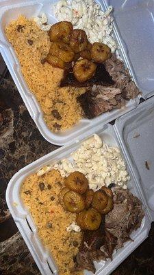 Rice and beans(arroz con gandules)  Pork shoulder ( pernil) Sweet plantains (tostones maduros) Mac salad (ensalada macaroni)