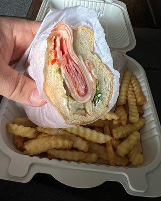 Italian cold cut and fries. Lunch special with soda as well for $10.99. They serve 8" subs only.