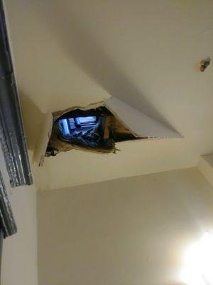 Damage done to the First Floor Ceiling by Tech