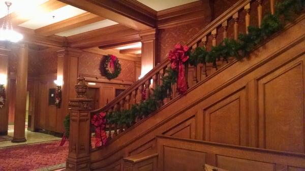 Main staircase with Christmas decorations.