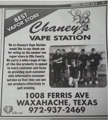 Our article in the Waxahachie Daily Light after winning The Reader's Choice Award for Best Vapor Store in Ellis County.