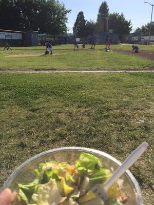 1st Baseline view of the t-ball field. Oh, and my salad!