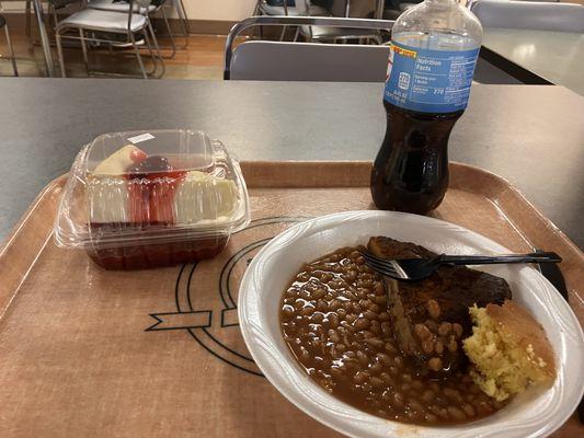 The cheesecake,ribs;beans and cornbread.