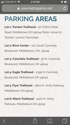 Addresses for all of the parking areas for the six parking lots along the trail. The Great Miami River trail.