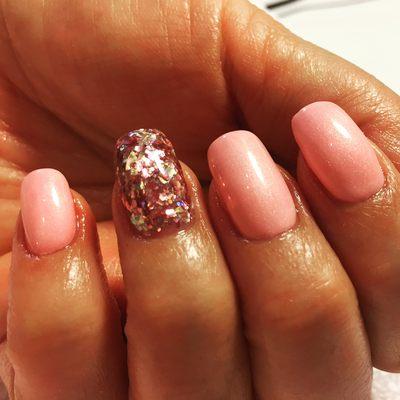 Hard gel fill topped with pink gel polish.