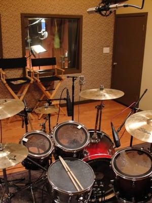 Drums set up to record in the live room.