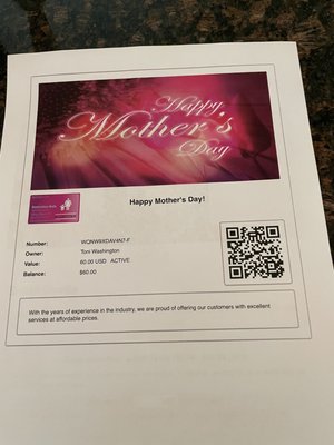 Mother's Day Gift certificate