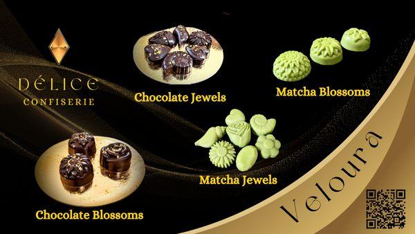 Indulge in Opulently Refined VELOURA,
A Sumptuous Dark Chocolate and Matcha Chocolate, Delights for the Senses