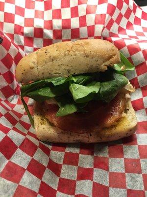 Chicken Bacon Spinach Artichoke with Garlic Cream Sauce on Focaccia Bread