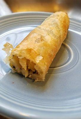 Savory phyllo pastry with leeks, potato, herbs.