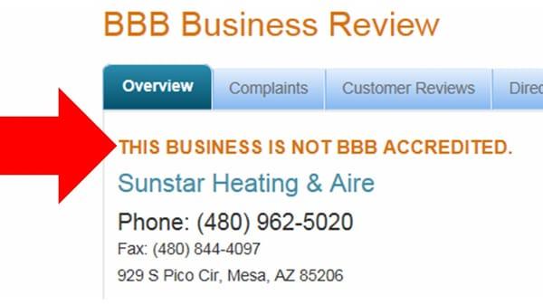 Sunstar Heating and Aire is NOT BBB accredited.