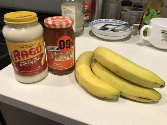 Pasta sauce: $1.99 (on sale!); banana: $0.69/lb