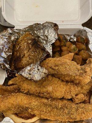 Fried Catfish, smoked cabbage (freaking amazing) and fried okra.