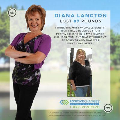 Diana from Spokane Valley, WA lost 87 pounds with Positive Changes Hypnosis!