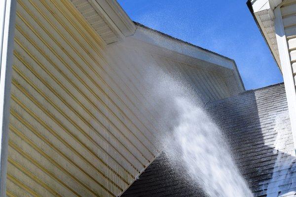 House Wash.  Applying soap to kill the mold on the siding.  No high pressure is used.