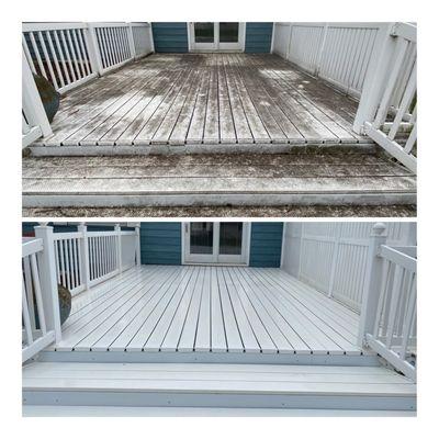 Before and after on a composite vinyl deck.