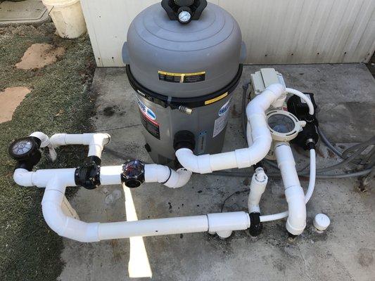 The look of super high energy efficiency in a pool and spa filtration system retrofit. 2.5" plumbing is 57% more efficient than 2"