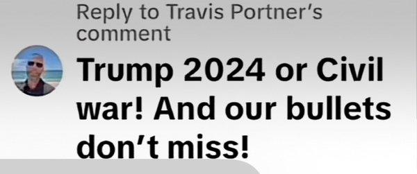 Screenshot of threat Travis Portner has made to black women 7/22/24