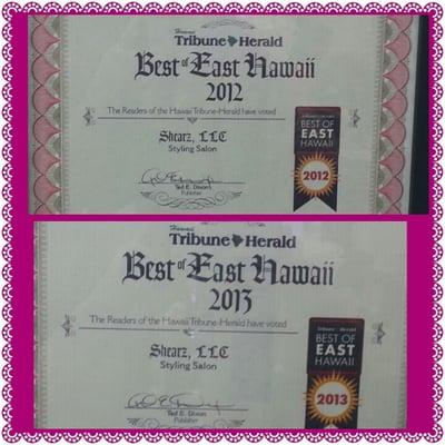 Best Salon of East Hawaii awards for 2013, 2012 and 2007