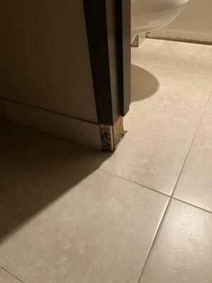 Moldy missing baseboards in bathroom area.