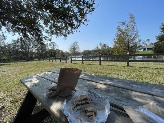 Enjoying my Empire Bagel sandwich at Blue Ridge Park. OHHHMMMM.