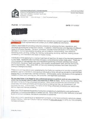 Verification from the state license board, A1 Construction Flores is UN-licencsed. He advertises as licensed contractor. Scam artist