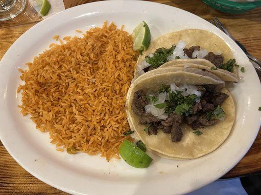 Tacos de asada with no beans/double rice instead