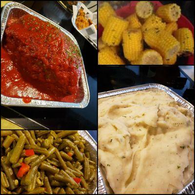 Juicy LOUISIANA Style Meatloaf,  Garlic Potatoes  seasoned green beans, corn