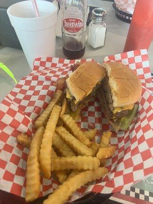 Bacon double cheeseburger with fries and Cheerwine soda