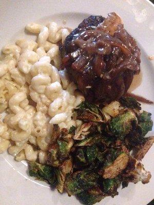 Chopped steak with fried brussels sprouts and mac n cheese.