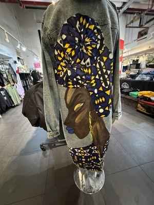 Hand painted long denim jacket and african print