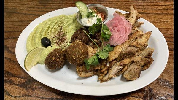 Chicken shawarma platter w/falafel & Jalapeño cilantro hummus (limited time Saturday menu hummus)