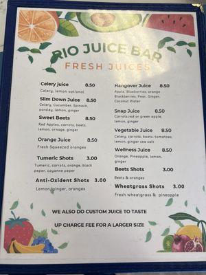 Fresh juice menu