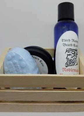 Beard care gift box. Comes with oil or balm, beard wash, a bar of soap, and a box to hold it in