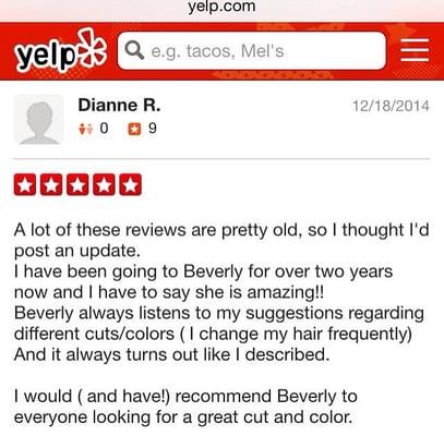 Yelp review from my awesome client on the main Shafer & Company Hair Studio page!