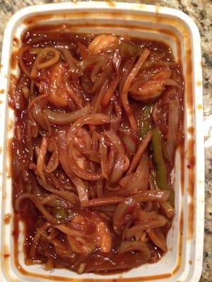 Spicy shrimp ??  Or a ton of onions with some shrimp hidden in there.   ?